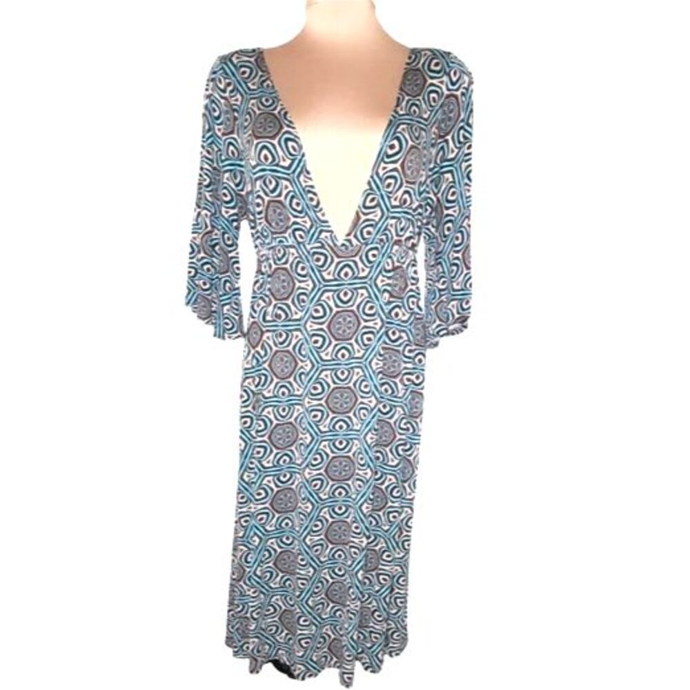 Ivy Jane Green Geometric Print Butterfly Sleeve Deep V-Neck Midi Dress Size M‎